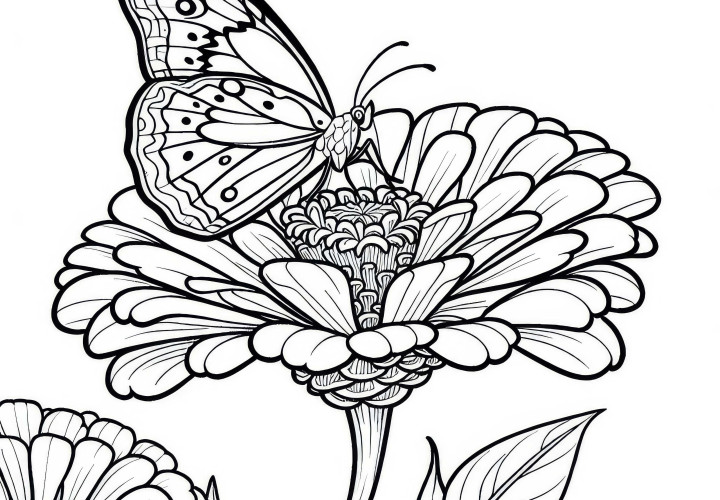 Motýl sedí na květině zinnia – omalovánka