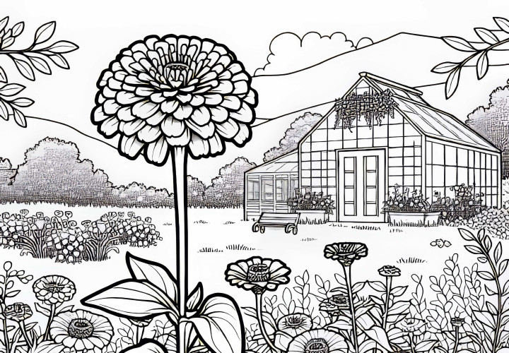 Cínie kvetou blízko skleníku – Volný obrázek k vybarvení