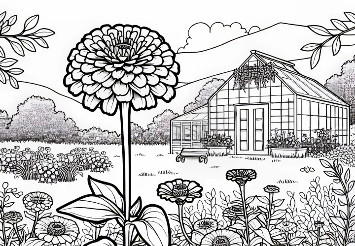 Cínie kvetou blízko skleníku – Volný obrázek k vybarvení