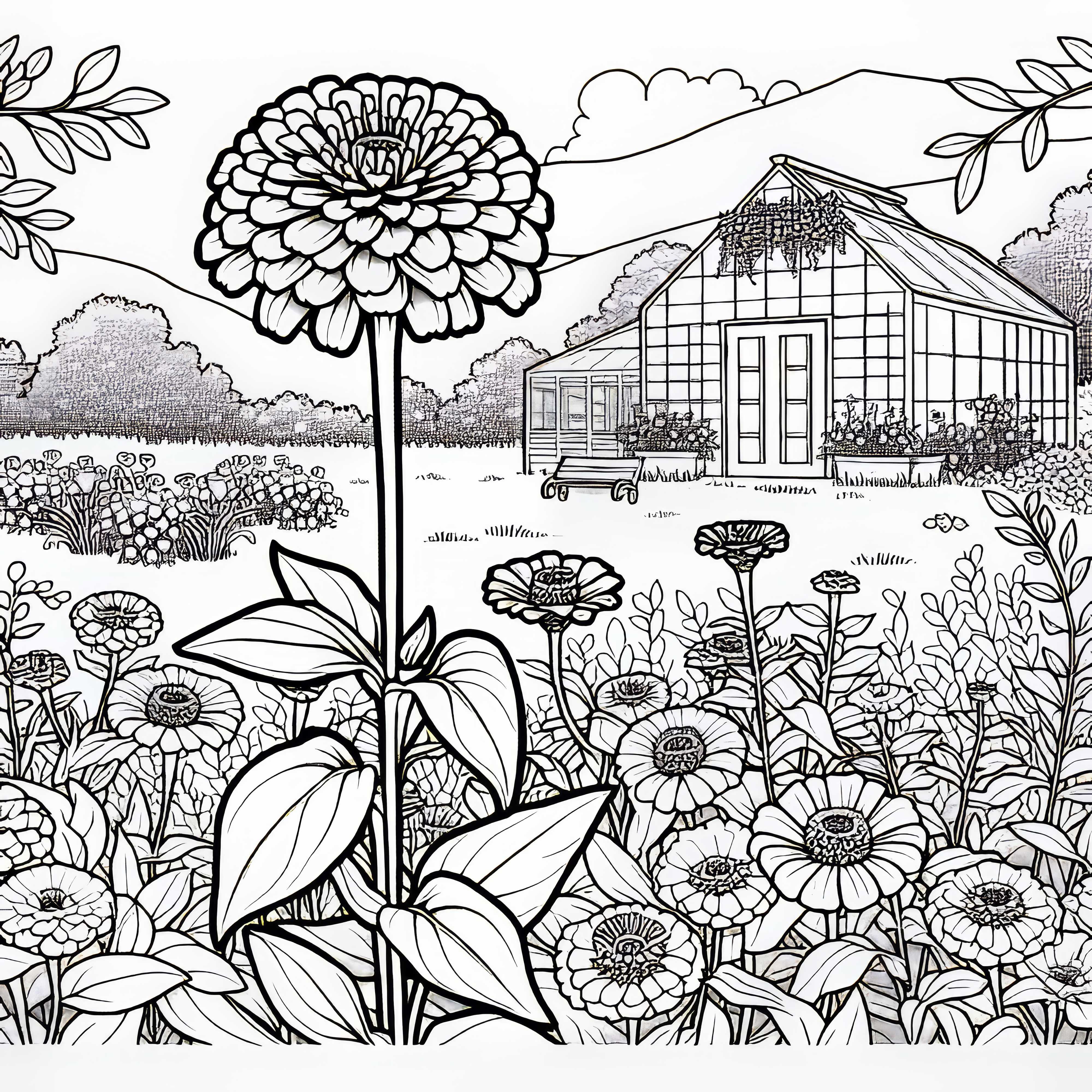 Les zinnias fleurissent près d'une serre - Dessin à colorier gratuit