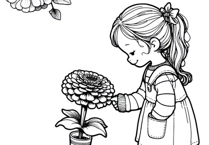 Dítě trhá květinu zinnia - omalovánka zdarma