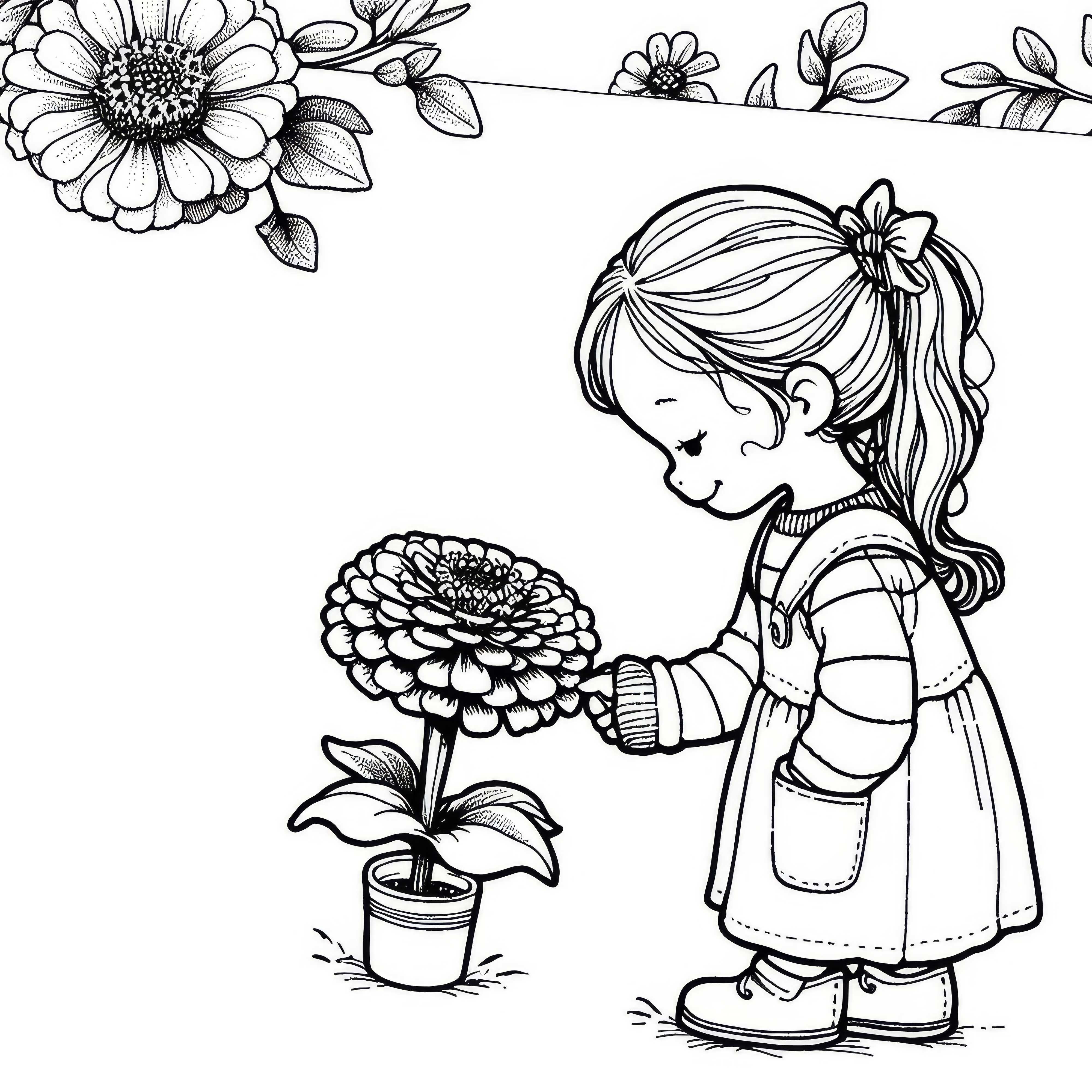 Dítě trhá květinu Zinnia - omalovánka zdarma