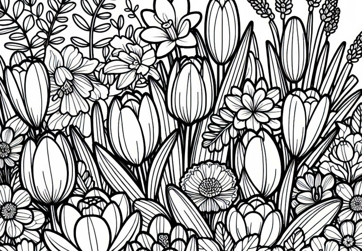 Parterre avec des tulipes, des narcis et des crocus - Modèle de coloriage pour fleurs de printemps gratuit