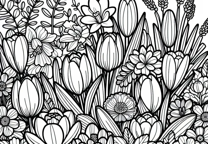 Kebun dengan tulip, narcis, dan krokus – Warna gambar untuk bunga musim semi gratis Kebun dengan tulip, narcis, dan krokus – Warna gambar untuk bunga musim semi gratis