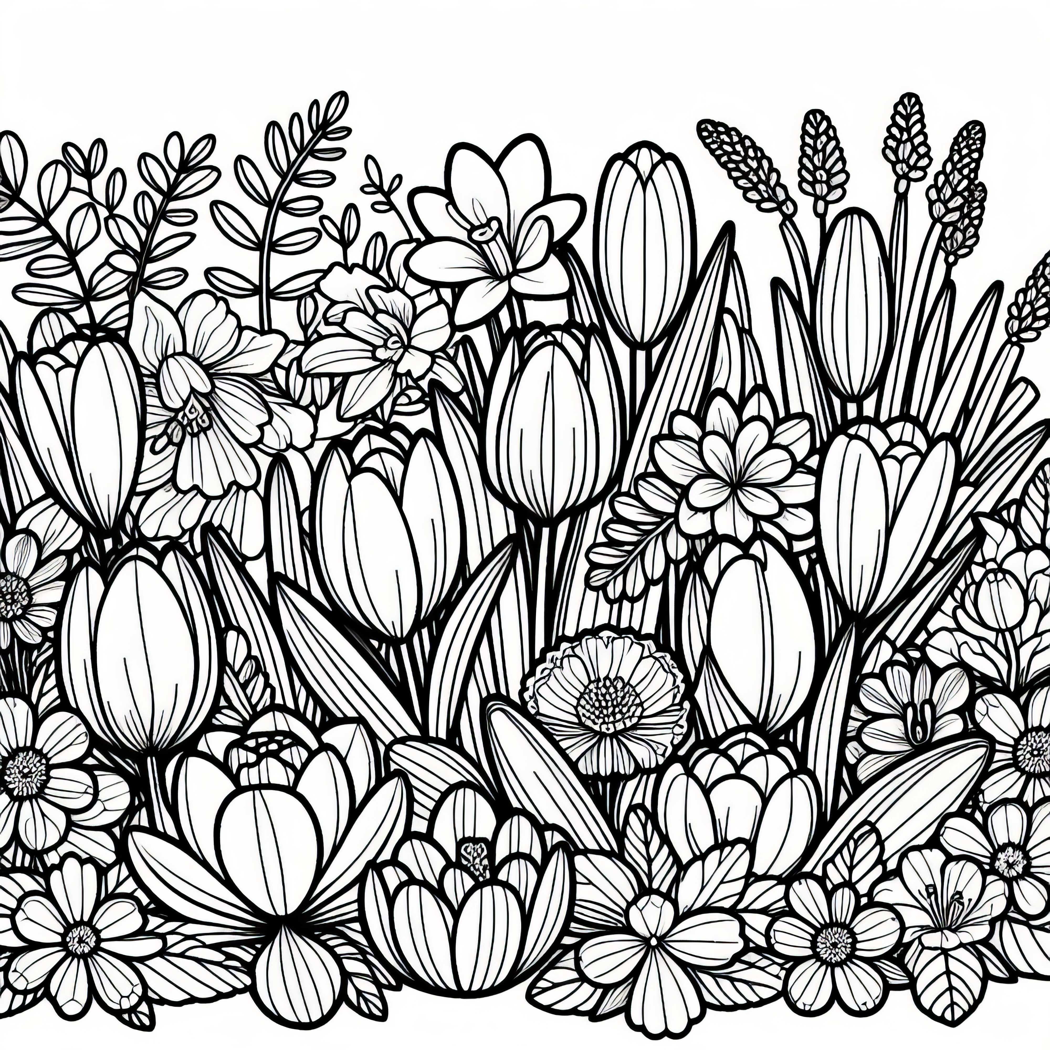 Parterre avec des tulipes, des jonquilles et des crocus – Modèle à colorier pour des fleurs de printemps gratuit