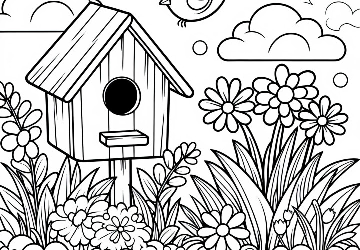 Frühlingsblumen wachsen neben Vogelhäuschen – Malvorlage gratis Frühlingsblumen wachsen neben Vogelhäuschen – Malvorlage gratis