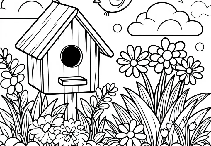 Bunga musim semi tumbuh di samping rumah burung – Gambar untuk diwarnai gratis Bunga musim semi tumbuh di samping rumah burung – Gambar untuk diwarnai gratis