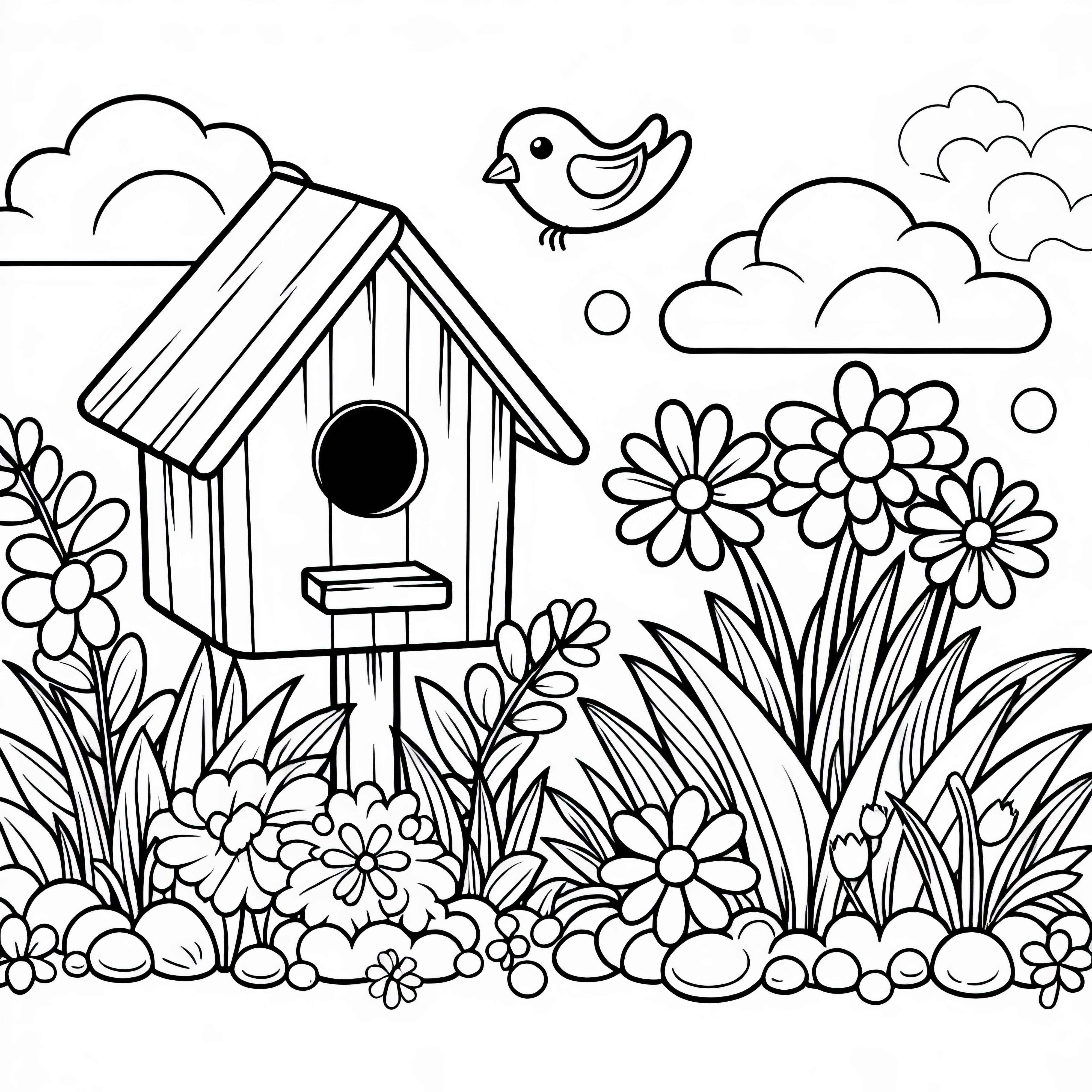 Des fleurs de printemps poussent à côté des nichoirs – Modèle de coloriage gratuit