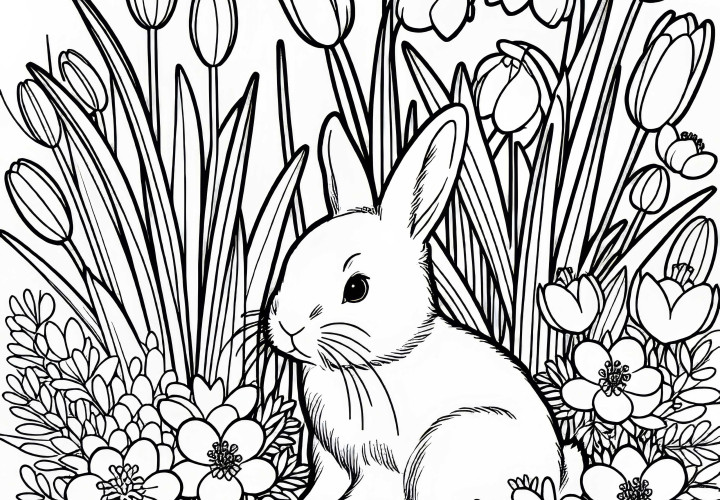 Hase sitzt zwischen ersten Frühlingsblumen – Malvorlage kostenlos Hase sitzt zwischen ersten Frühlingsblumen – Malvorlage kostenlos