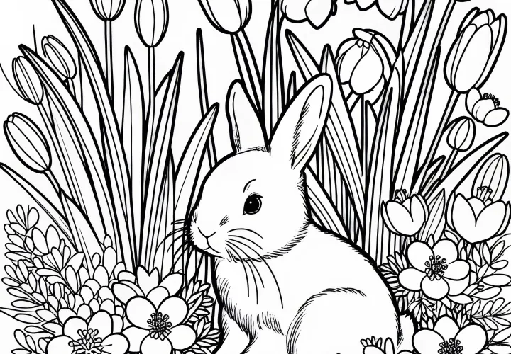 Kelinci duduk di antara bunga musim semi pertama - Template mewarnai gratis Kelinci duduk di antara bunga musim semi pertama - Template mewarnai gratis