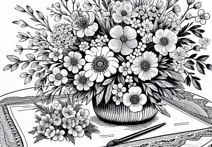 Blumenstrauß aus Frühlingsblumen auf Tisch – Ausmalbild gratis Blumenstrauß aus Frühlingsblumen auf Tisch – Ausmalbild gratis