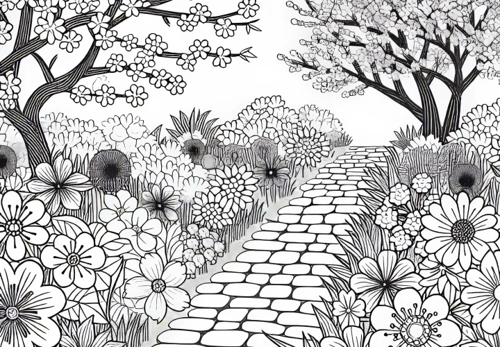 Jalan setapak dengan bunga musim semi yang mekar - Template mewarnai gratis Jalan setapak dengan bunga musim semi yang mekar - Template mewarnai gratis