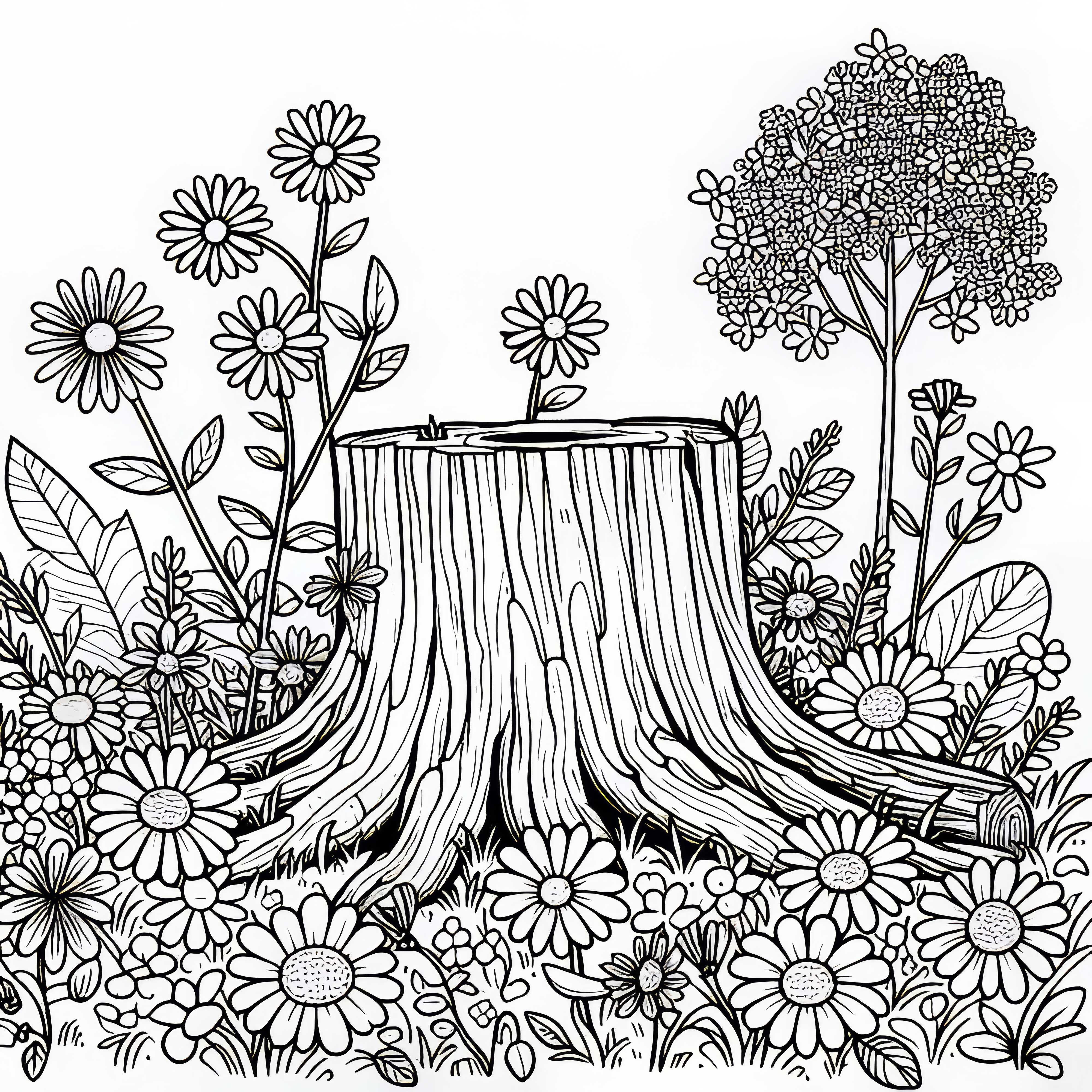 Des fleurs de printemps poussent autour d'une vieille souche d'arbre - Modèle à colorier gratuit
