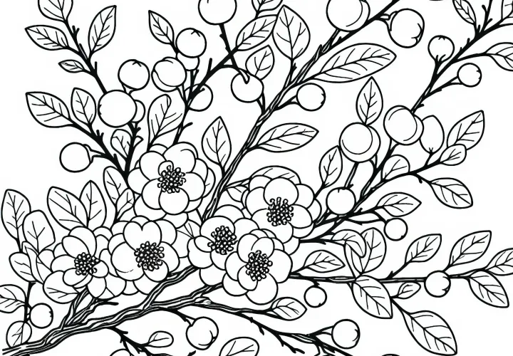 Japanische Quitte Ausmalbild mit Sträuchern – Kostenlos zum Download