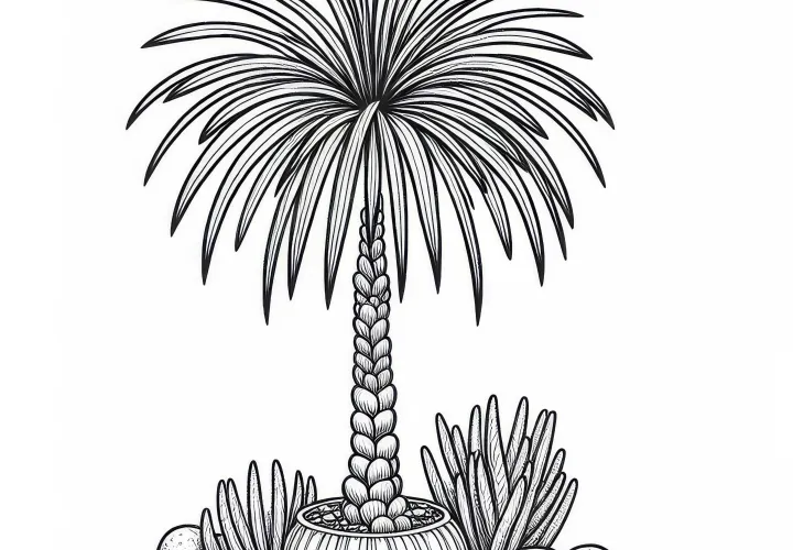 Ausmalbild der Zwergpalme (Chamaerops humilis) – Kostenloses Motiv zum Ausmalen