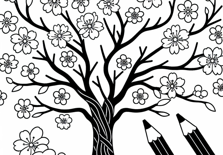 Image à colorier gratuit d'un cerisier