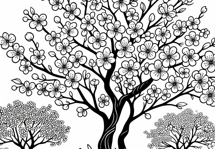 Cherry tree in full bloom in orchard - free coloring page
