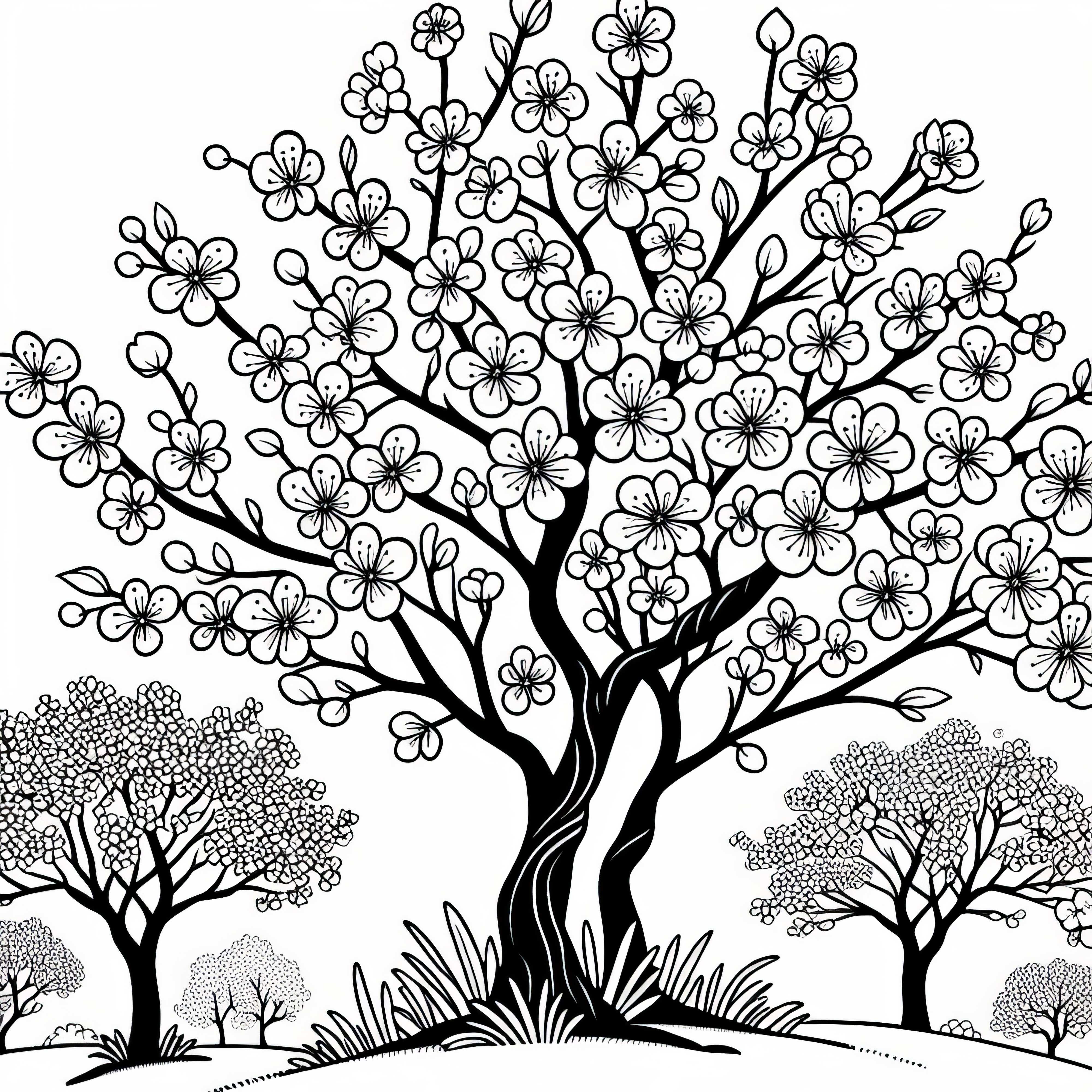 Cherry tree in full bloom in an orchard – Free coloring page Cherry tree in full bloom on fruit meadow – Free coloring page