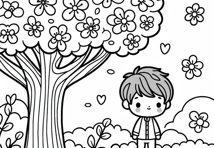 Criança sob cerejeira, desenho para colorir grátis