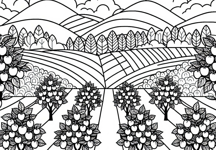 Several apple trees in an orchard - free coloring page