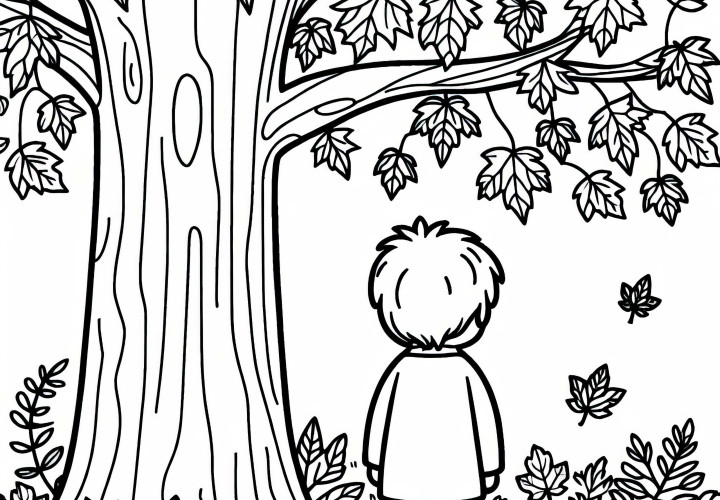 Enfant sous un arbre d'érable page à colorier gratuite