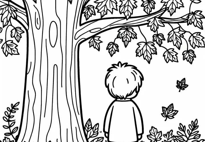 Kind steht unter Ahornbaum Malvorlage Kostenlos