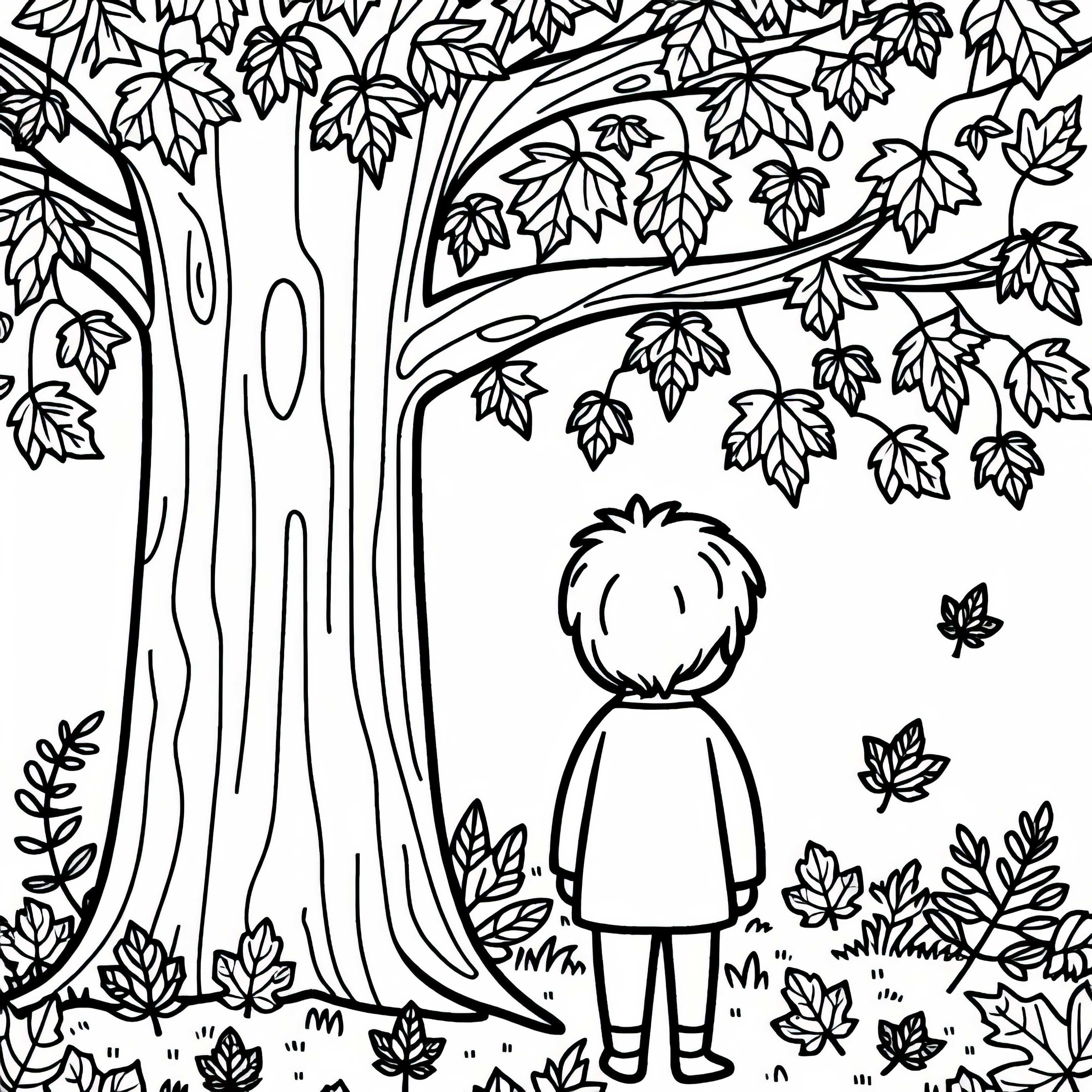 Un enfant sous un arbre d'érable modèle de coloriage gratuit