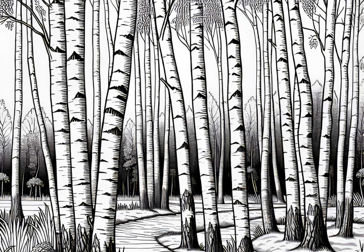 Plusieurs bouleaux au bord d'un chemin forestier - Image à colorier gratuite