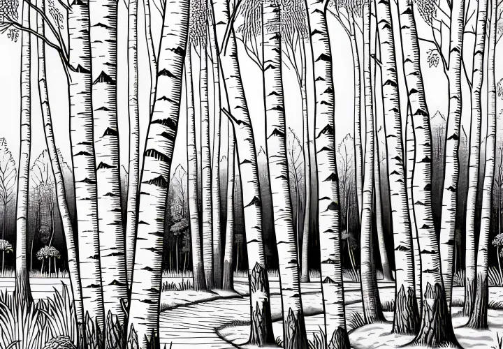 Mehrere Birken am Rand eines Waldwegs – Ausmalbild gratis