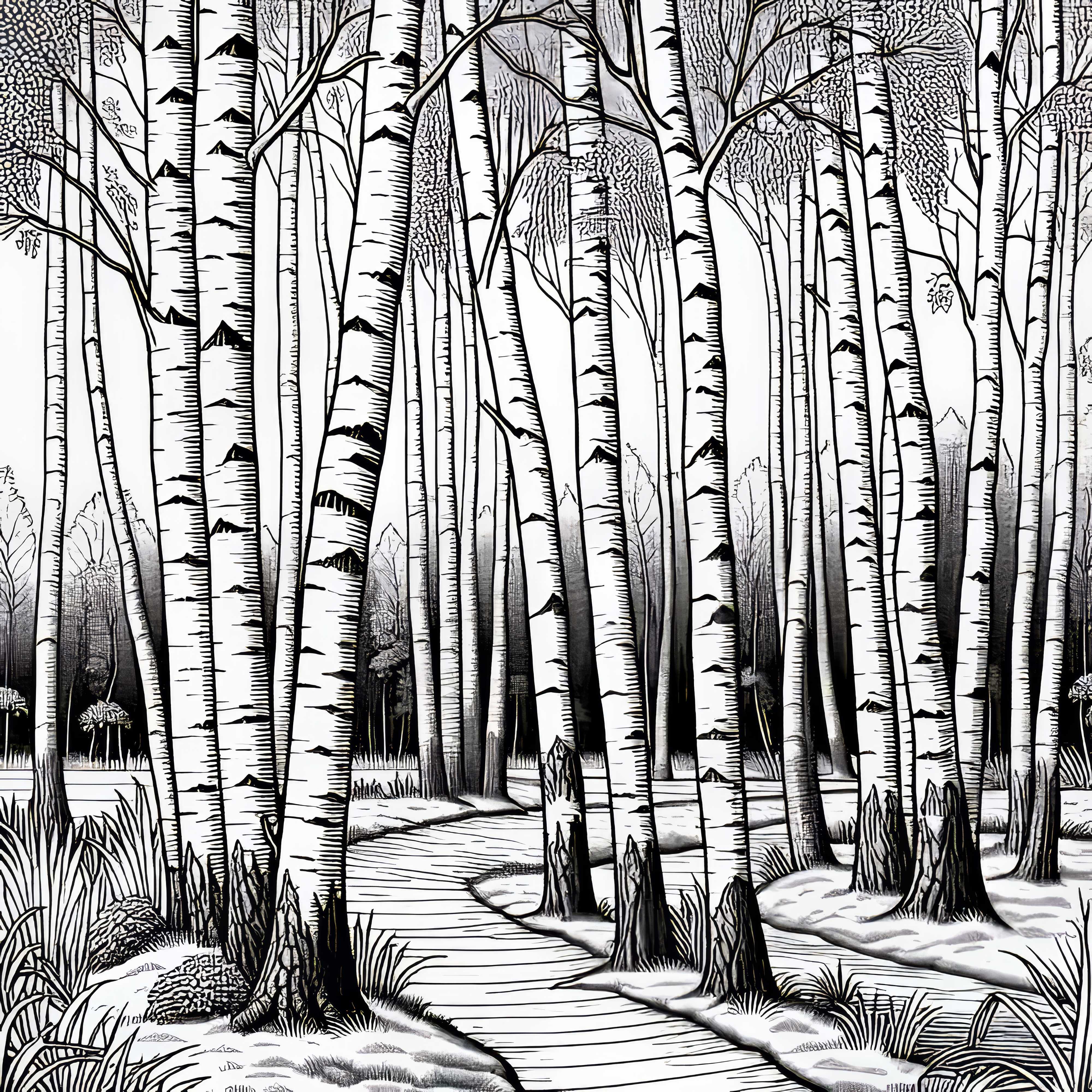 Plusieurs bouleaux au bord d'un chemin forestier – Dessin à colorier gratuit