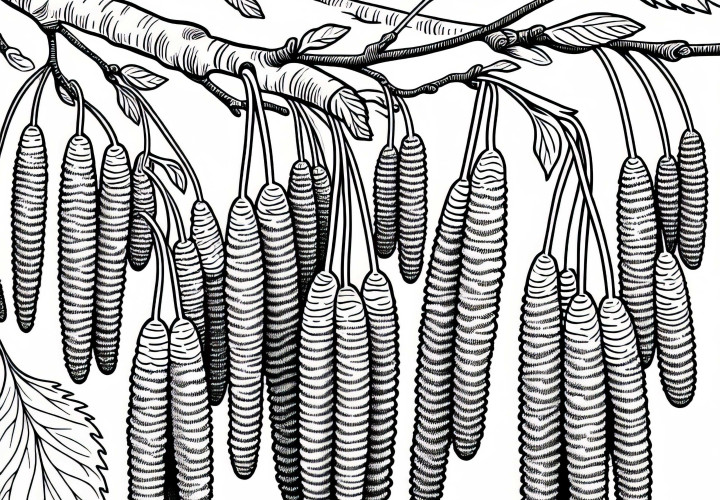 Birkenkätzchen an Birke – Kostenloses Ausmalbild