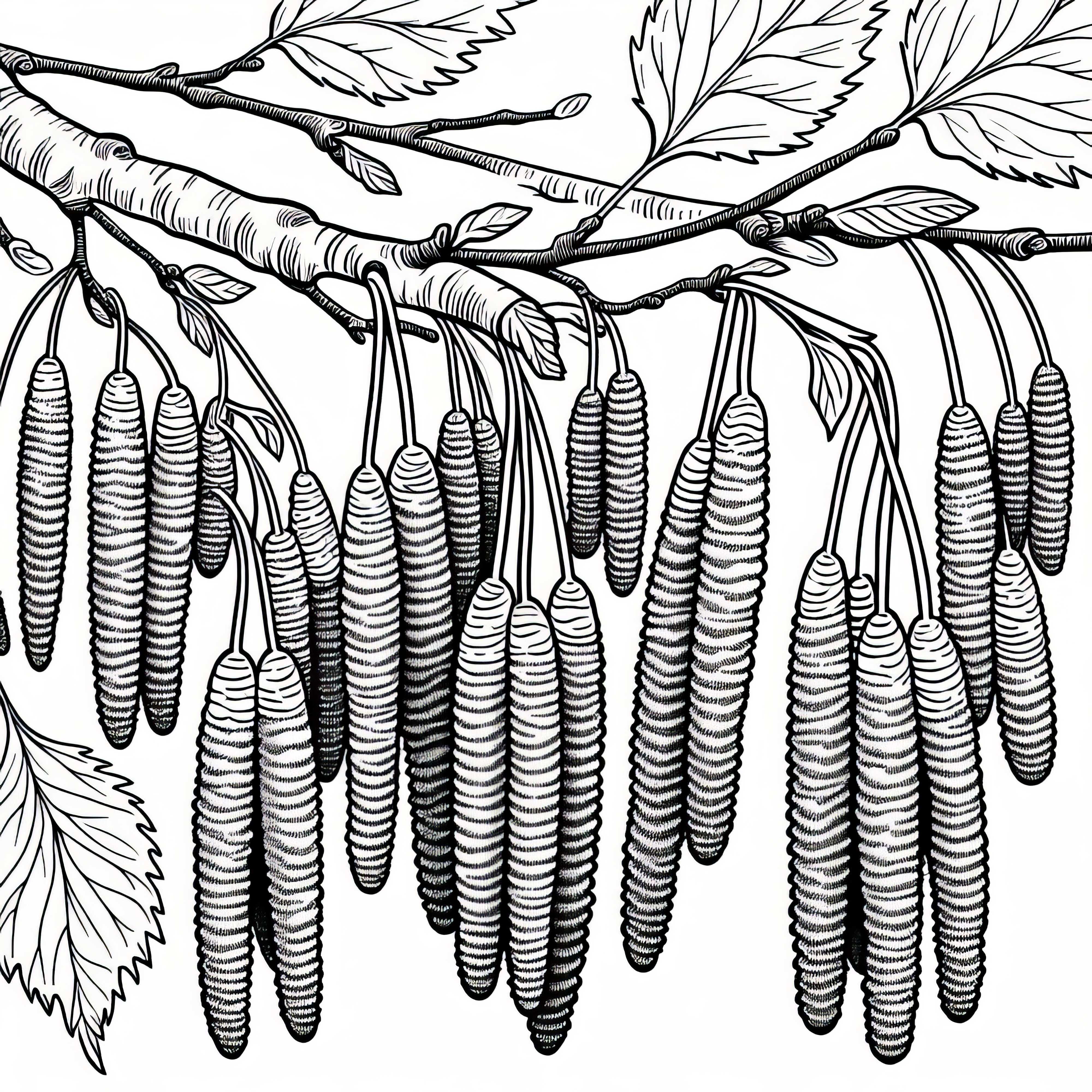 Birkenkätzchen an Birke – Kostenloses Ausmalbild Birkenkätzchen an Birke – Kostenloses Ausmalbild