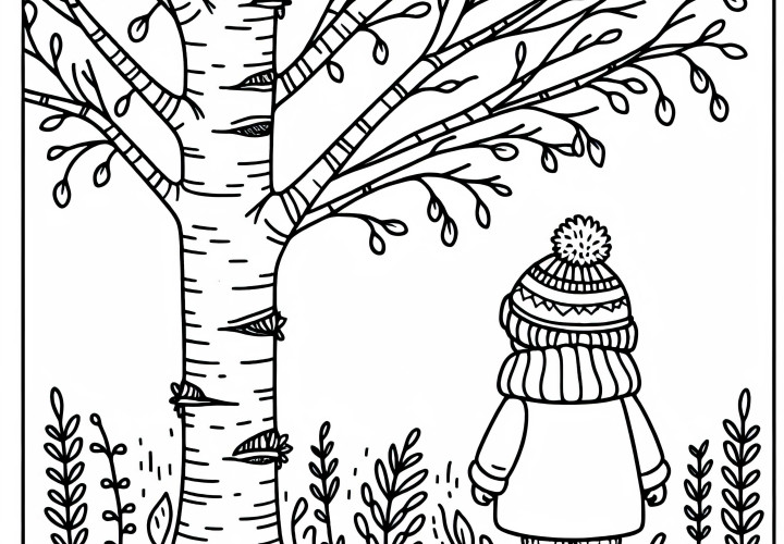Child under birch tree - Free coloring page