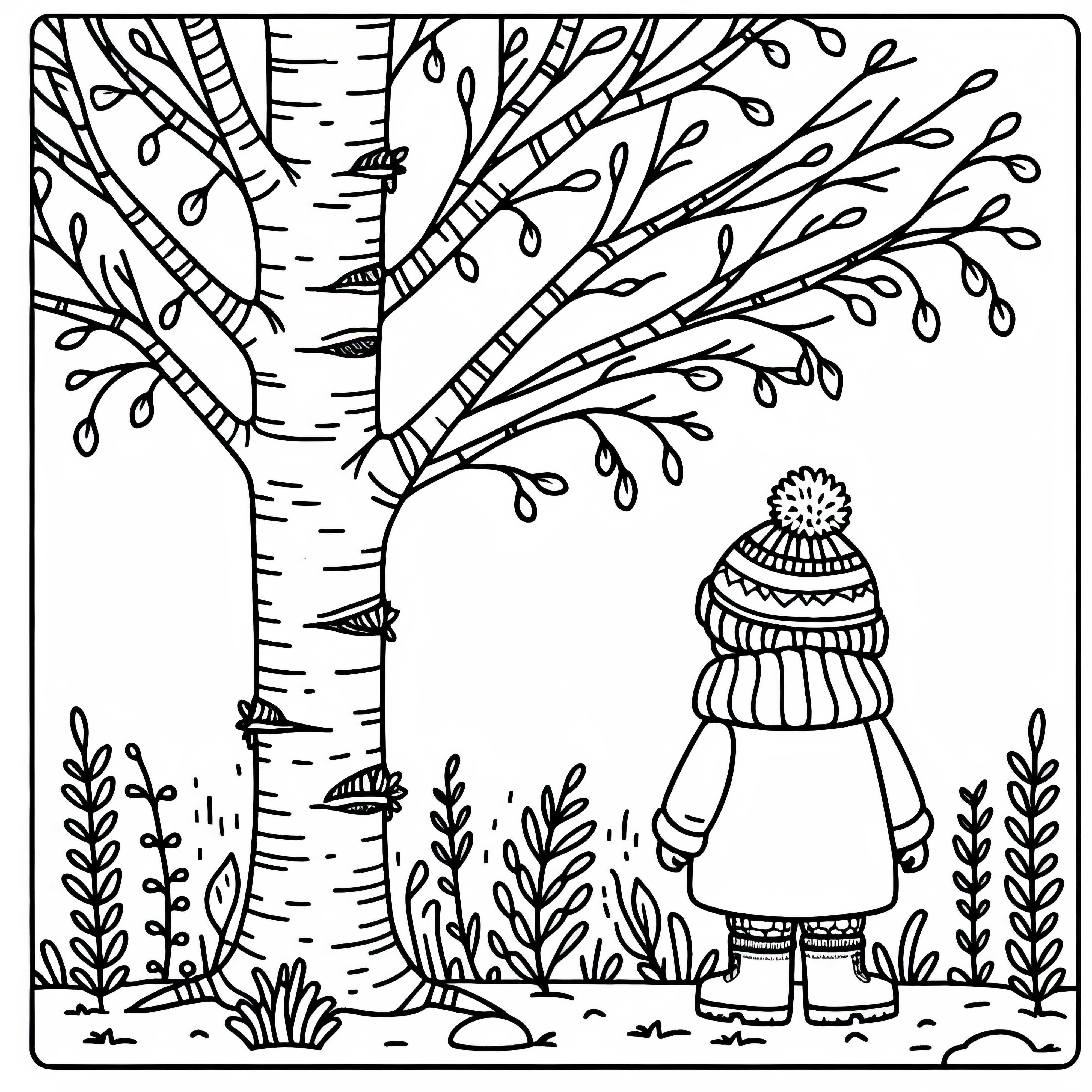 어린이는 자작나무 아래에 있습니다 – 무료 색칠하기 이미?