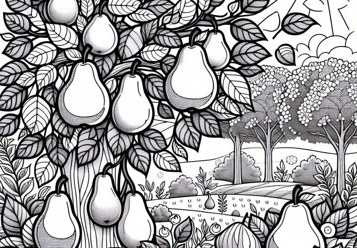 Poiriers avec des fruits dans un jardin ensoleillé - Coloriage gratuit