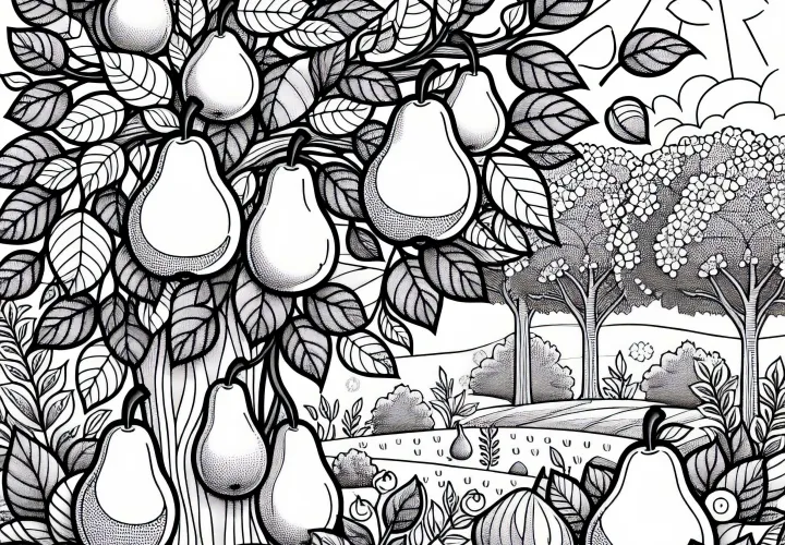 Birnbäume mit Früchten in sonnigem Garten – Malvorlage gratis