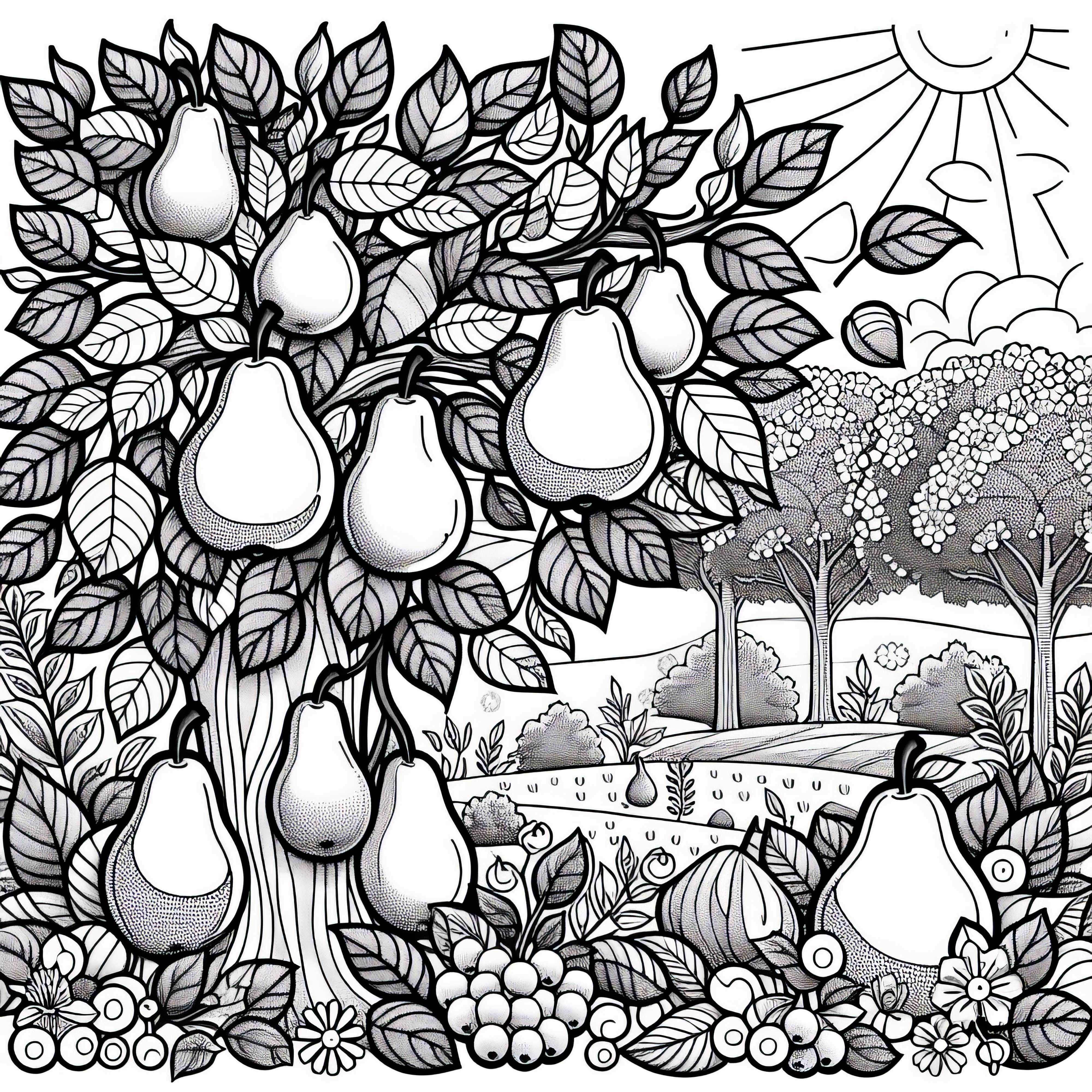 Poirniers avec des fruits dans un jardin ensoleillé - Modèle de coloriage gratuit