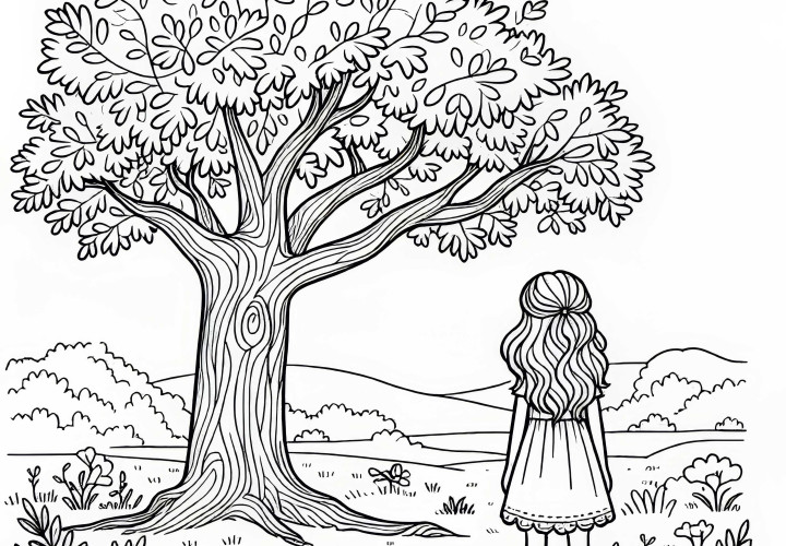 Enfant sous chêne coloriage gratuit