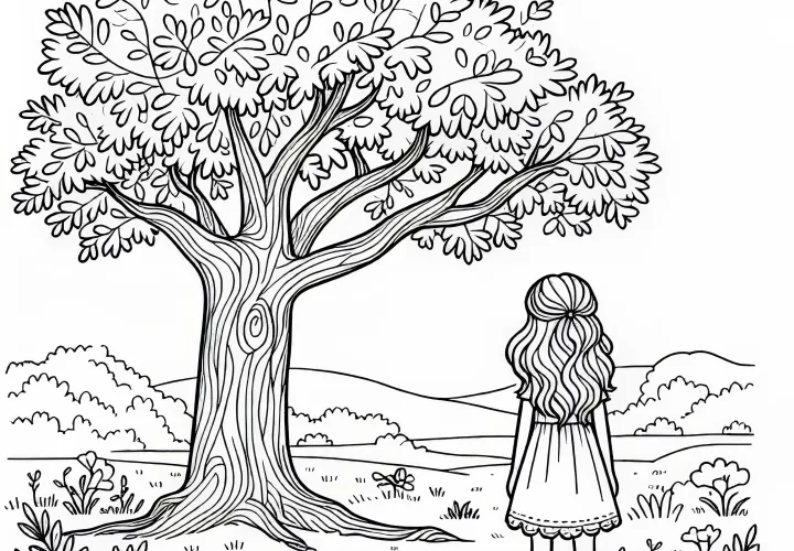 Kind steht unter Eiche Malvorlage gratis