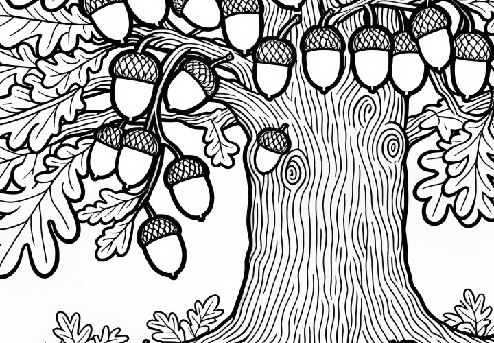 Glands de chêne sur chêne - Modèle de coloriage gratuit