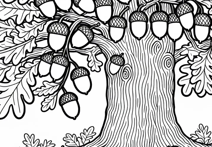 Eicheln an Eiche – Malvorlage kostenlos