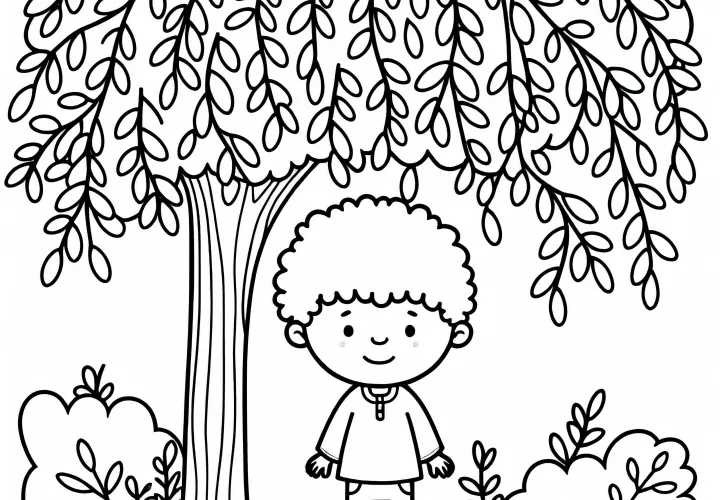 Kind steht unter Buche – Ausmalbild kostenlos