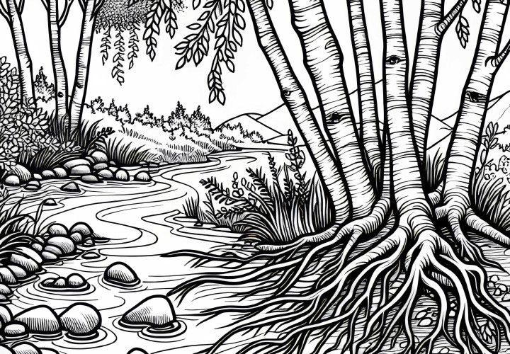여러 개의 자작나무가 개천가에 자생합니다 - 무료 색칠하기 템플릿