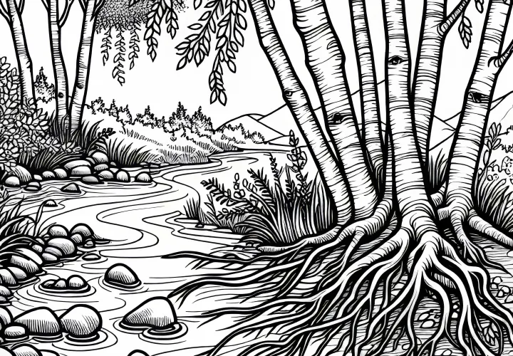 Mehrere Erlen wachsen am Bachlauf - Malvorlage gratis