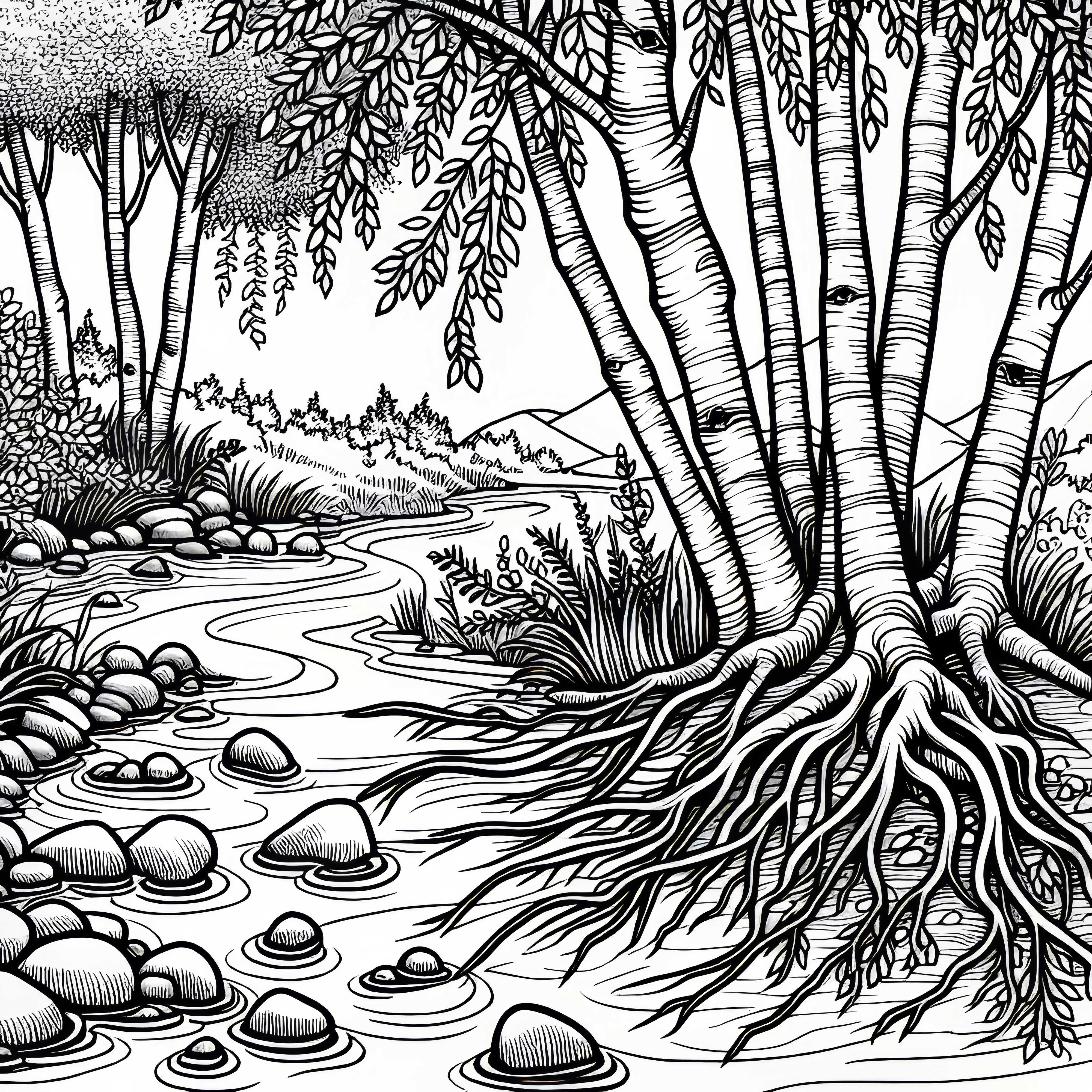 Several alders grow along the stream - free coloring template Several alders grow by the stream - free coloring page