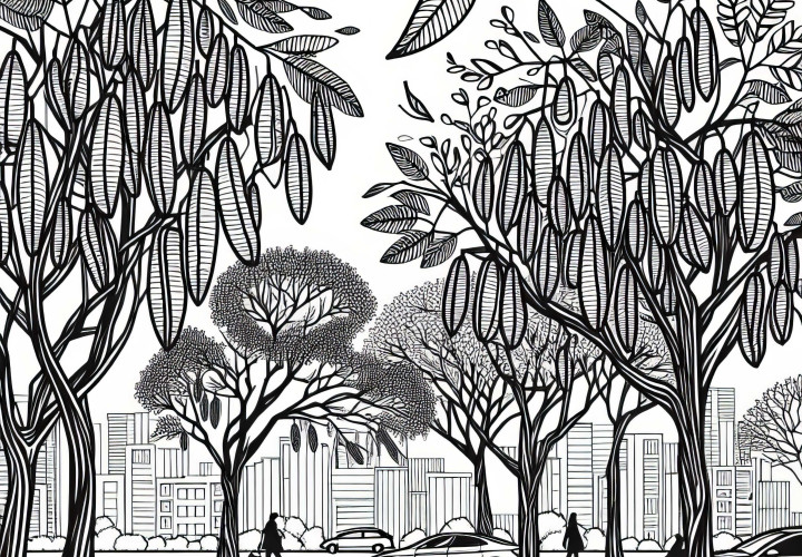 Gleditschien dans le parc urbain - Modèle de coloriage gratuit
