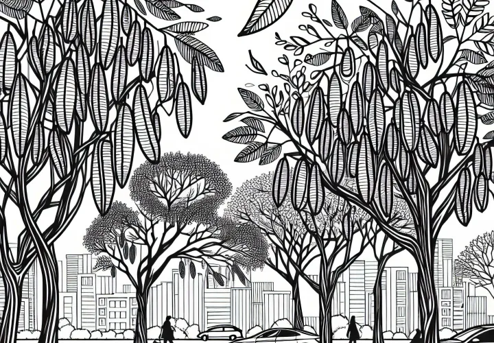 Gleditschien in städtischem Park - Malvorlage kostenlos