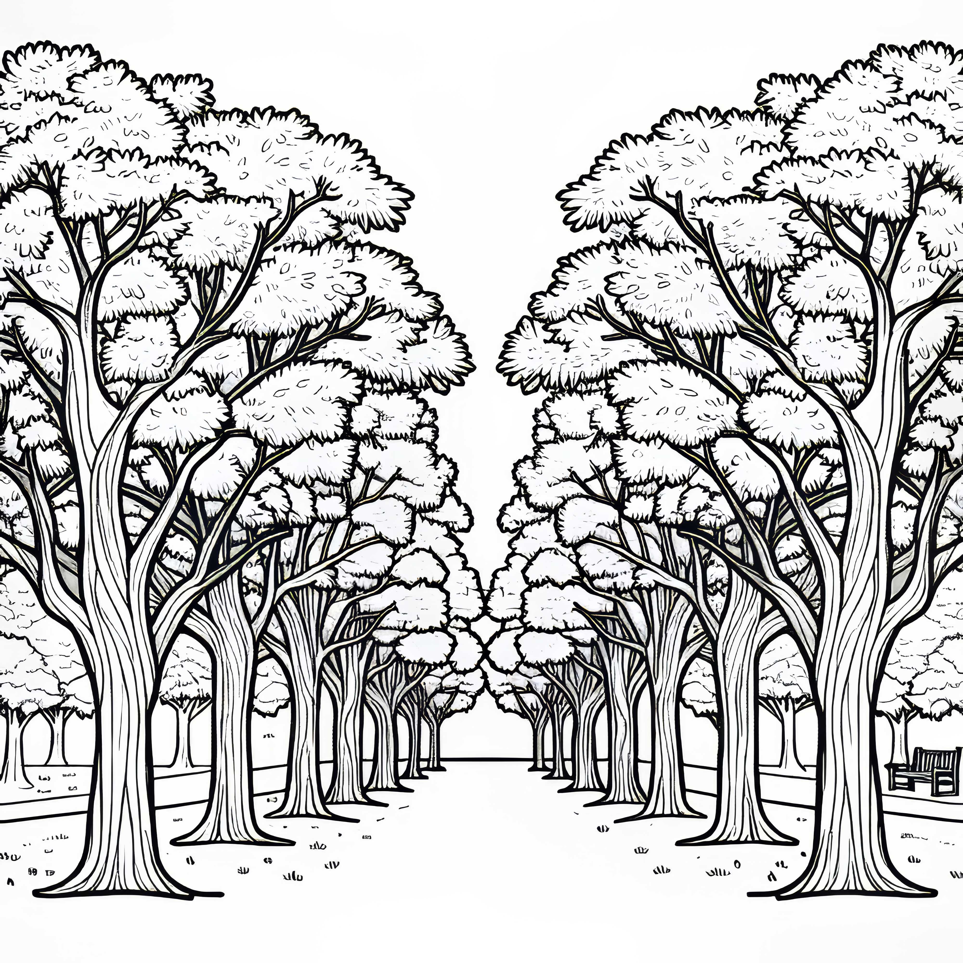 Frênes dans une allée au bord d'un parc - Dessin à colorier gratuit Frênes dans une allée au bord d'un parc - Image à colorier gratuite