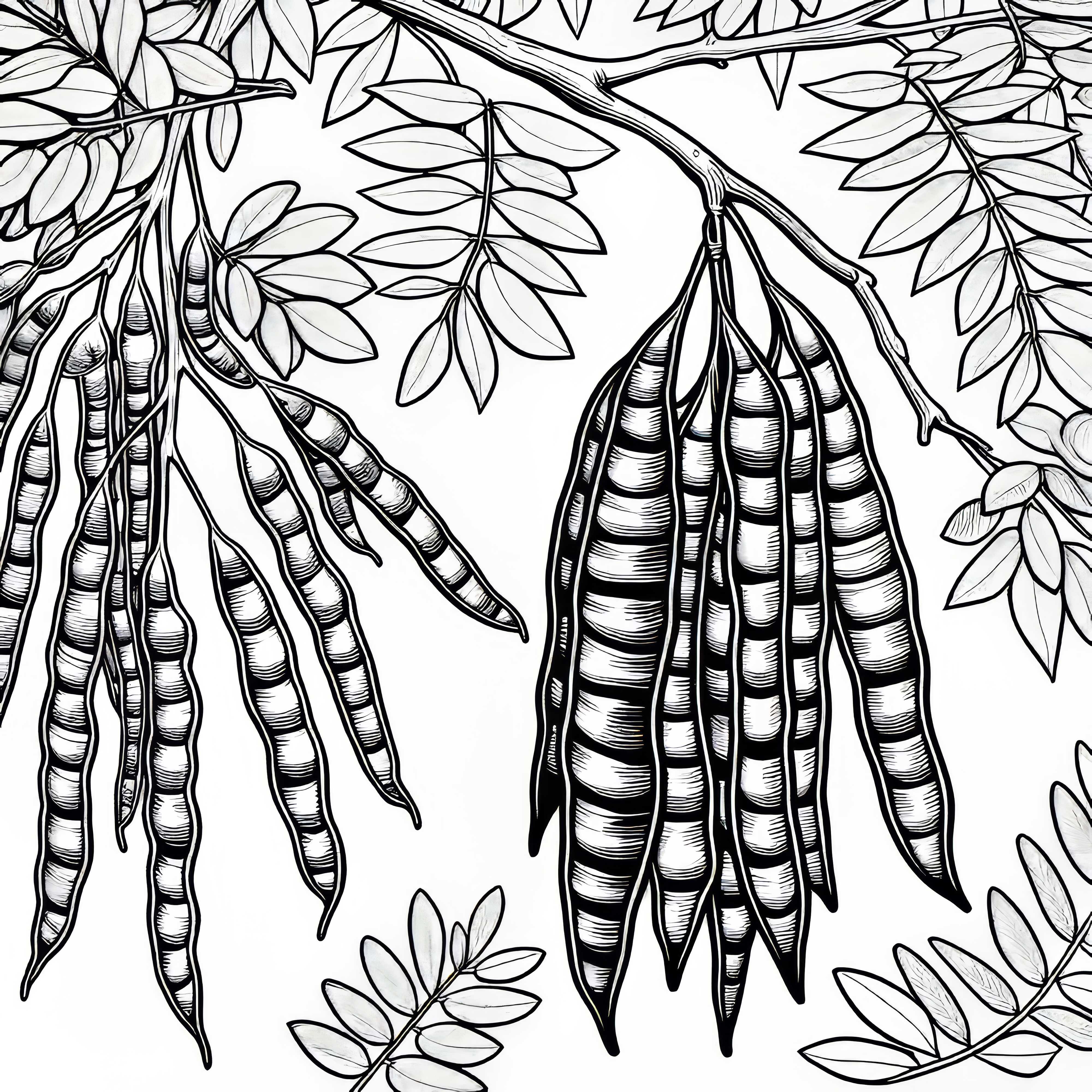 Dlouhé lusky na Gleditsii Malovací obrázek zdarma Dlouhé lusky na gleditsii - omalovánka zdarma