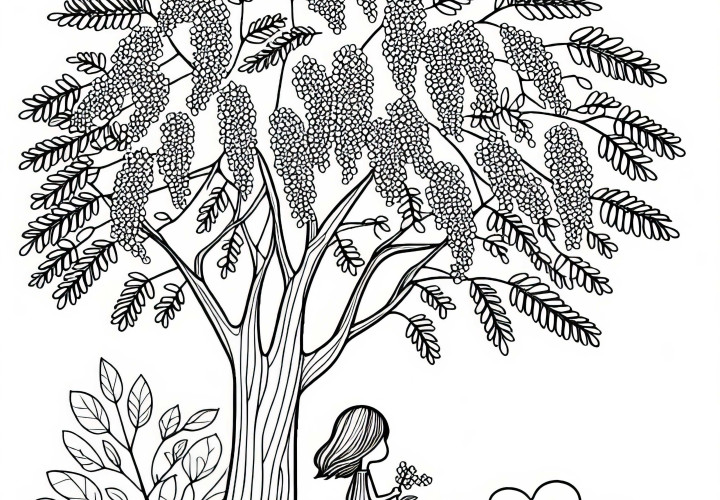 Child under a sweetgum tree - Free coloring page